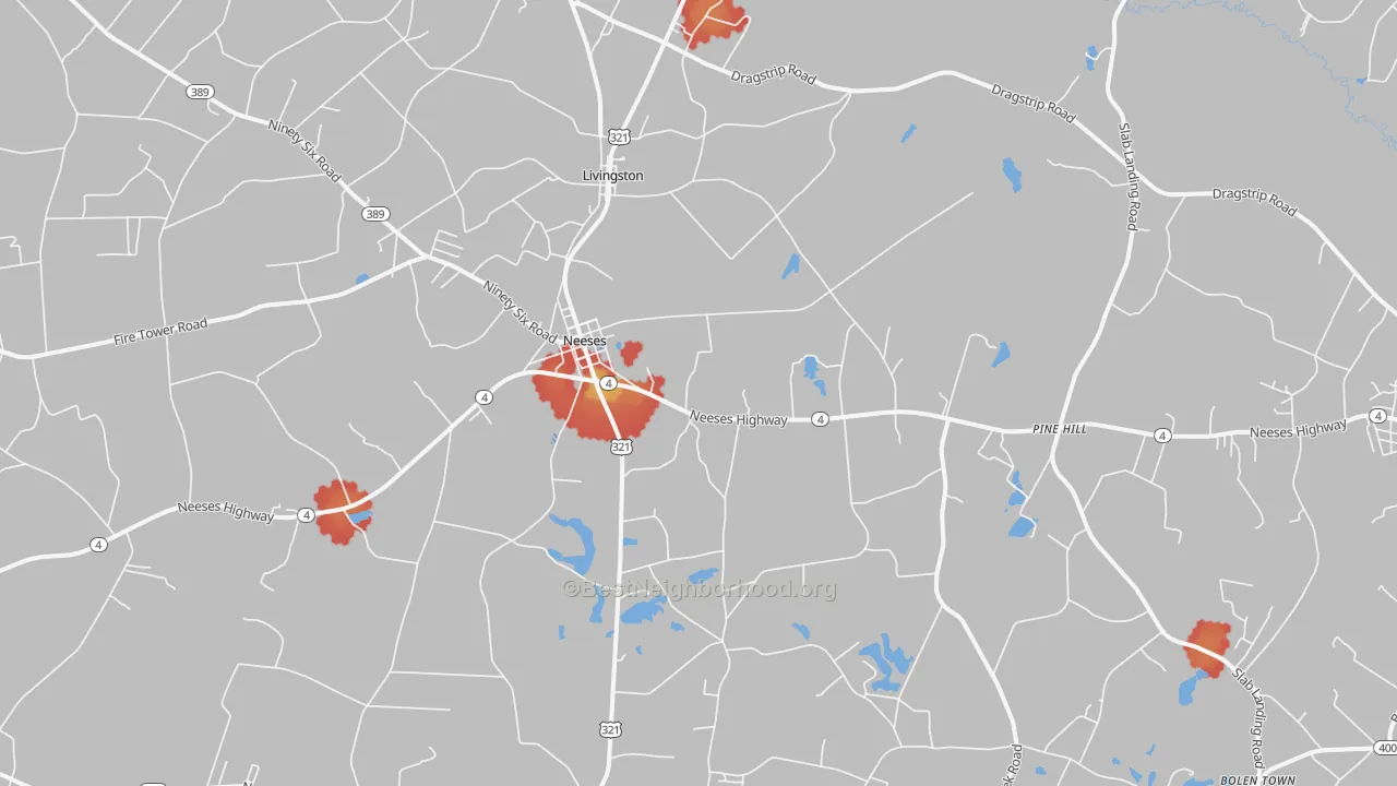 Walk Grade map of Neeses, SC, walkable areas in green and car-dependent areas in red