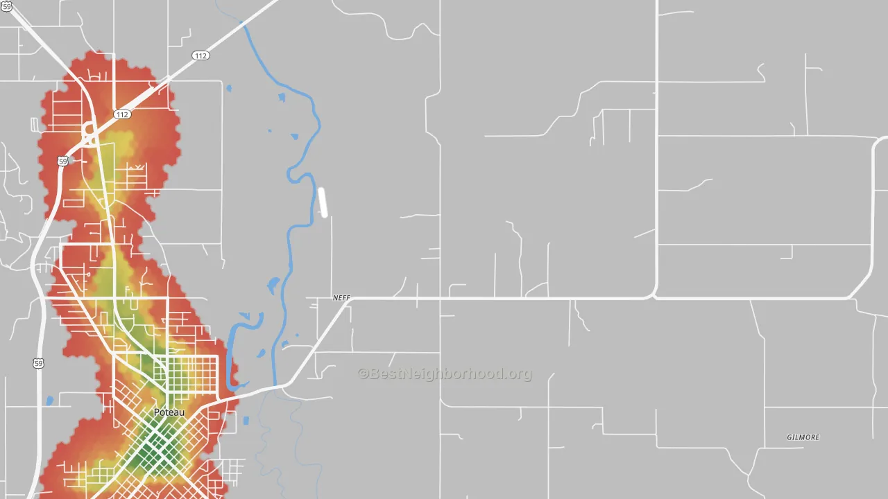 Walk Grade map of Neff, OK, walkable areas in green and car-dependent areas in red