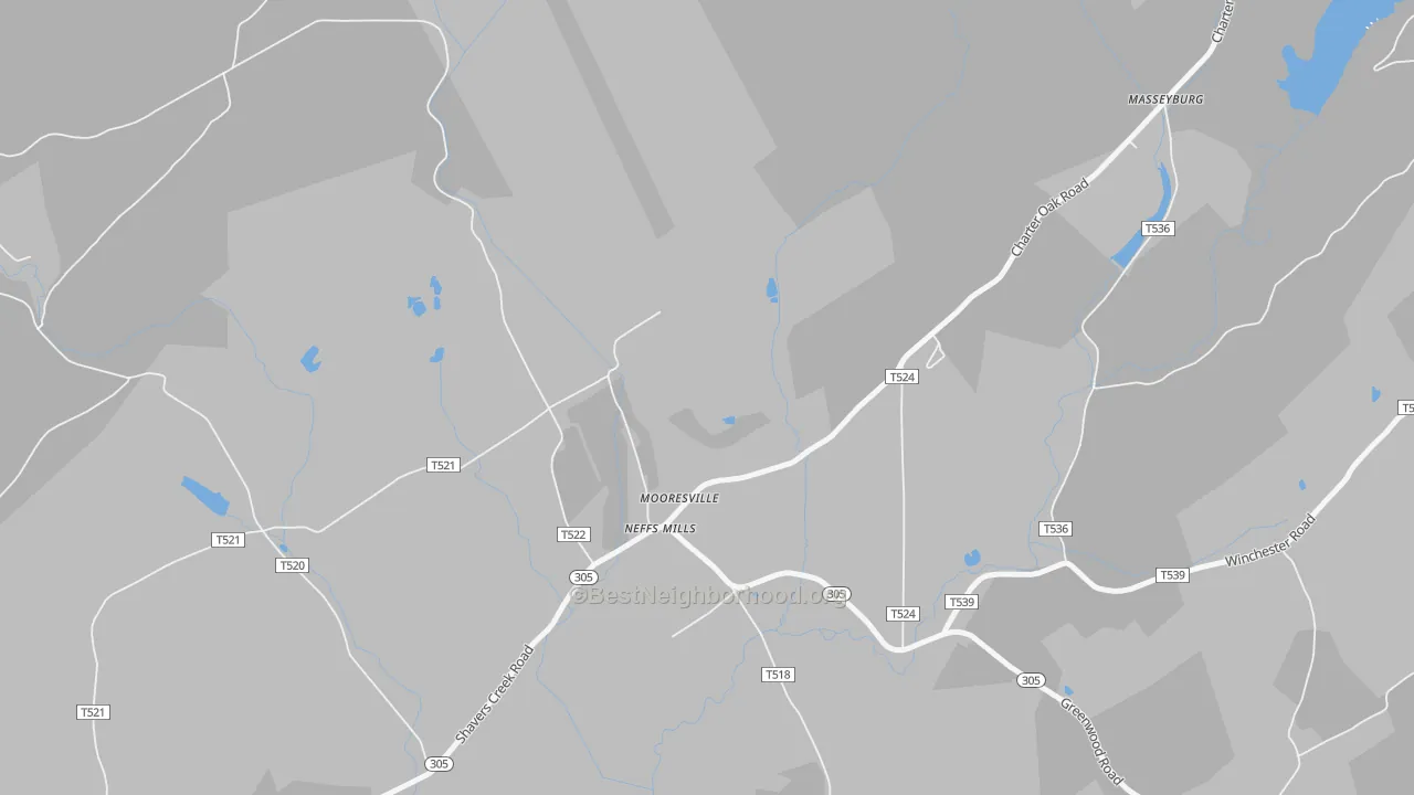 Walk Grade map of Neffs Mills, PA, walkable areas in green and car-dependent areas in red