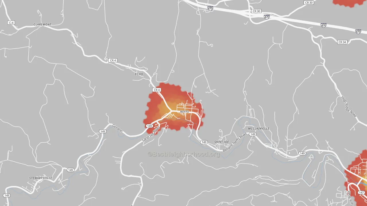 Walk Grade map of Neffs, OH, walkable areas in green and car-dependent areas in red