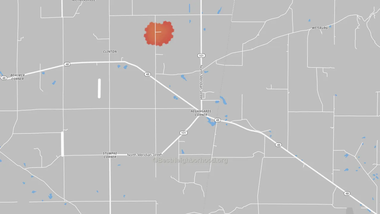 Walk Grade map of Negangards Corner, IN, walkable areas in green and car-dependent areas in red
