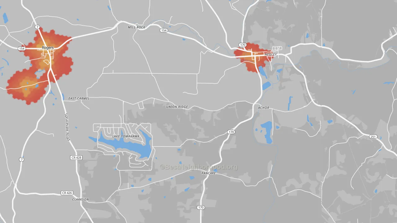 Walk Grade map of Negley, OH, walkable areas in green and car-dependent areas in red