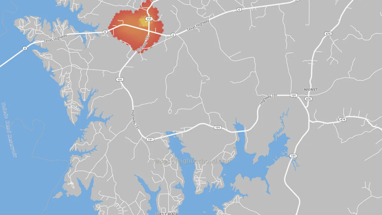 Walk Grade map of Negreet, LA, walkable areas in green and car-dependent areas in red