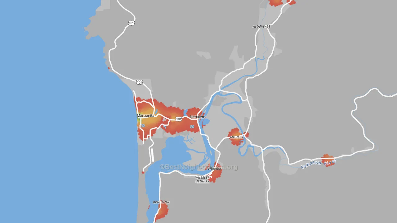 Walk Grade map of Nehalem, OR, walkable areas in green and car-dependent areas in red