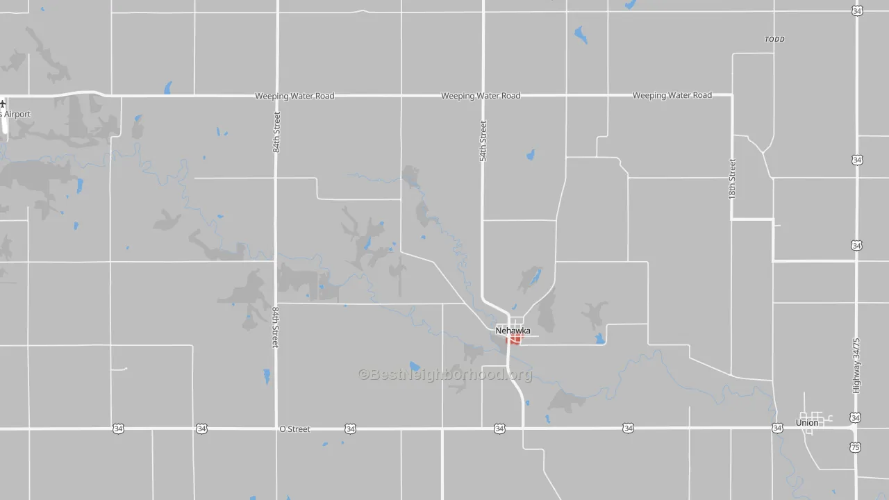 Walk Grade map of Nehawka, NE, walkable areas in green and car-dependent areas in red