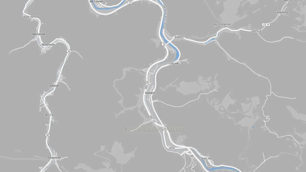 Walk Grade map of Neibert, WV, walkable areas in green and car-dependent areas in red