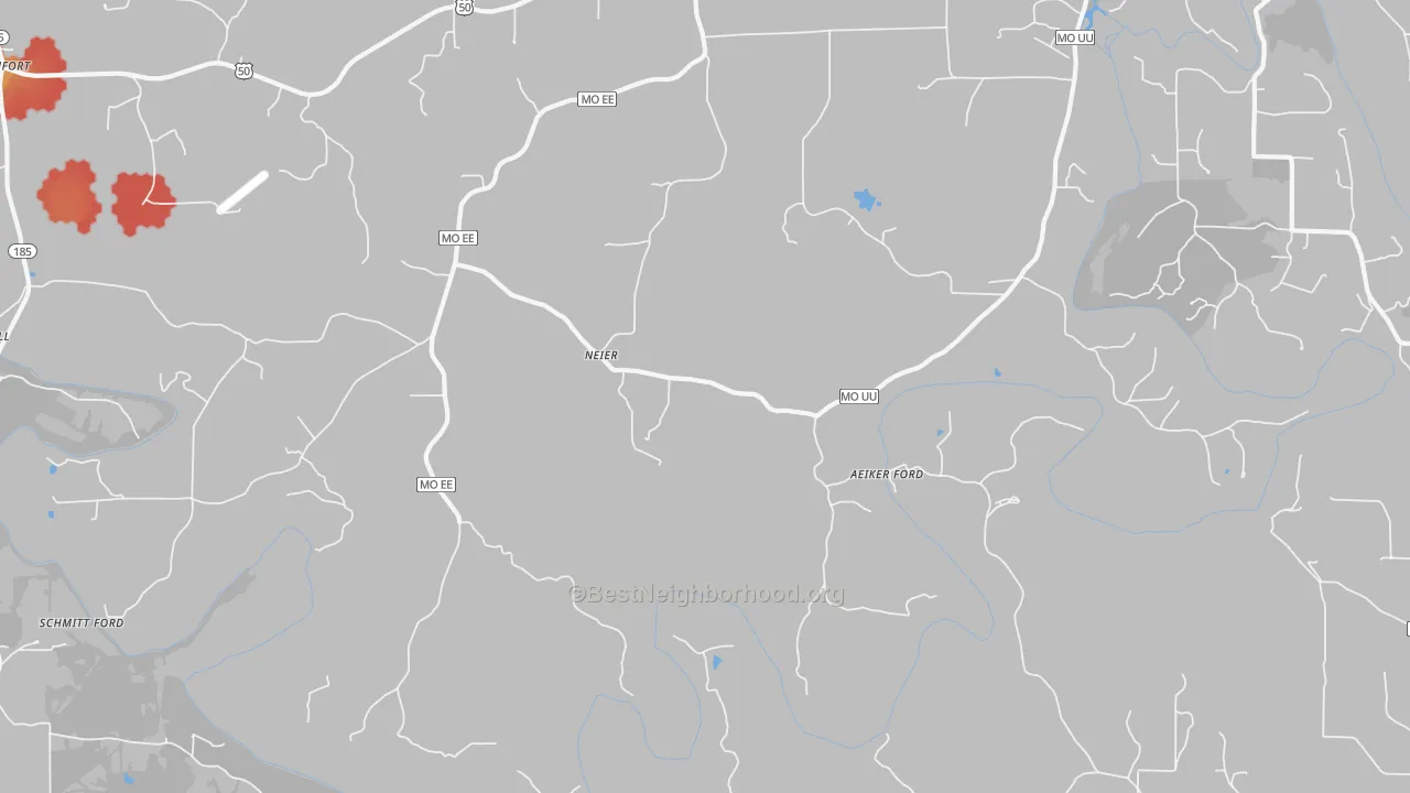 Walk Grade map of Neier, MO, walkable areas in green and car-dependent areas in red
