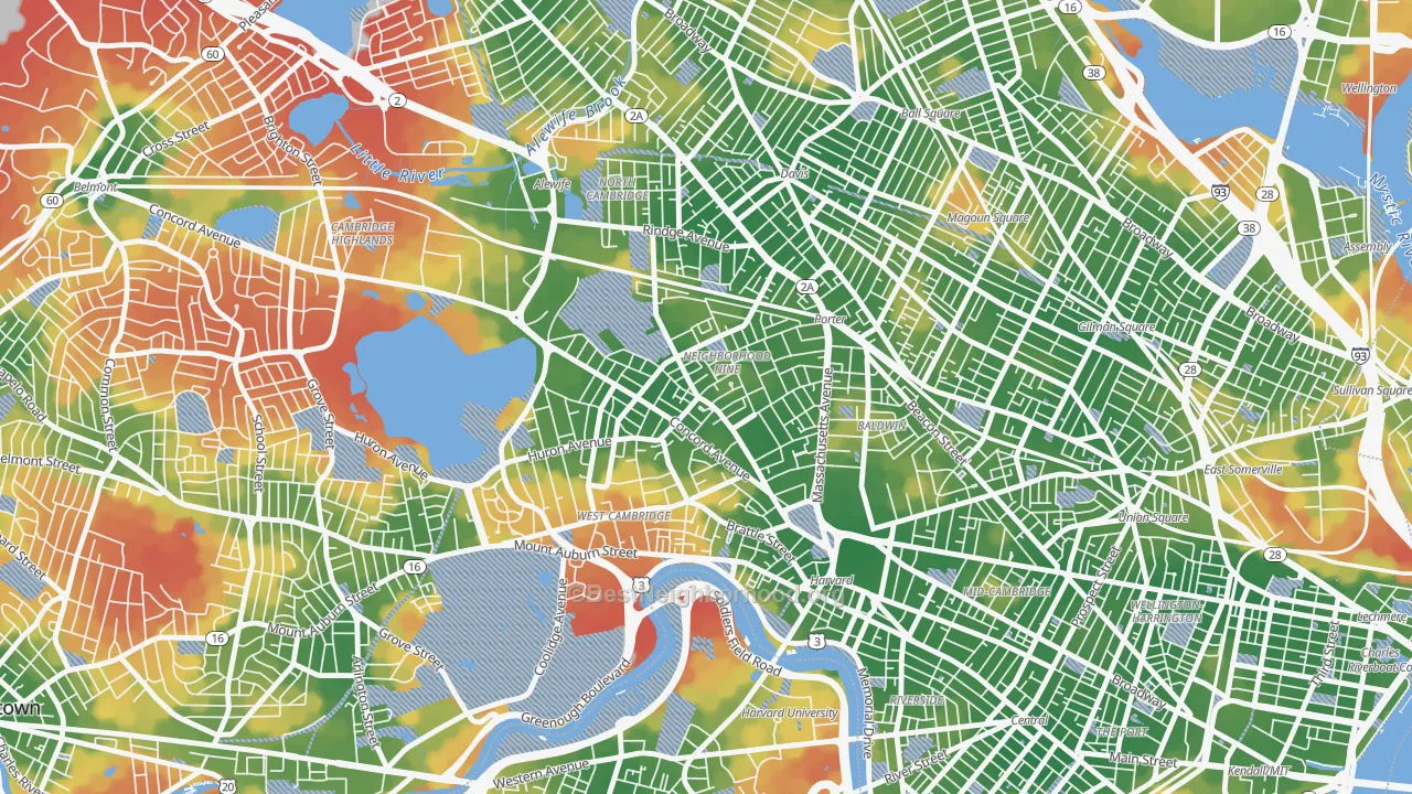 Walk Grade map of Neighborhood Nine, Cambridge, MA, walkable areas in green and car-dependent areas in red