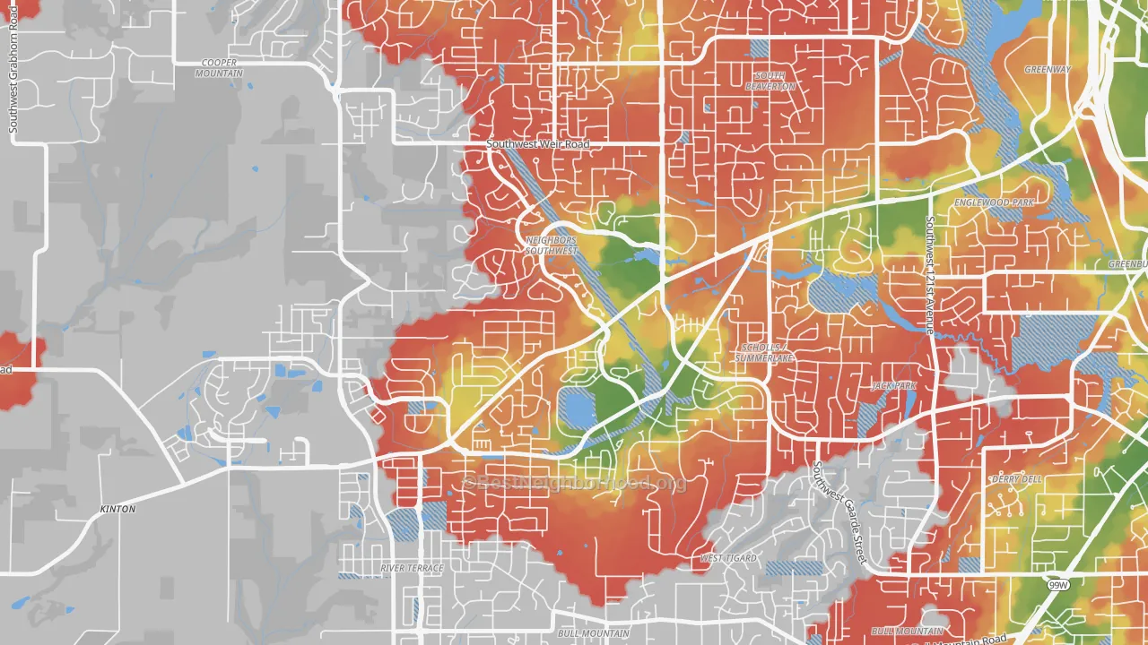 Walk Grade map of Neighbors Southwest, Beaverton, OR, walkable areas in green and car-dependent areas in red