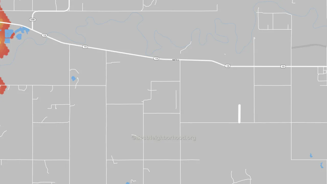 Walk Grade map of Neill, OK, walkable areas in green and car-dependent areas in red