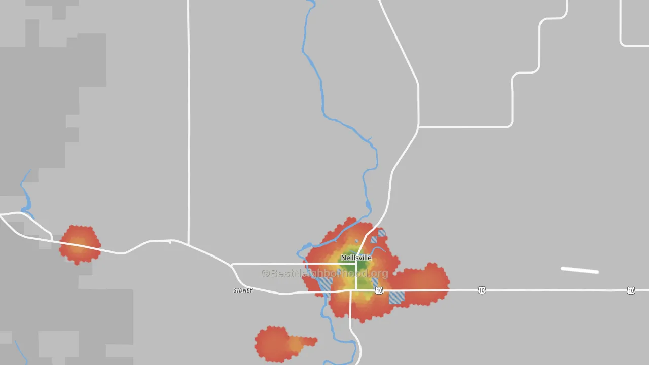 Walk Grade map of Neillsville, WI, walkable areas in green and car-dependent areas in red