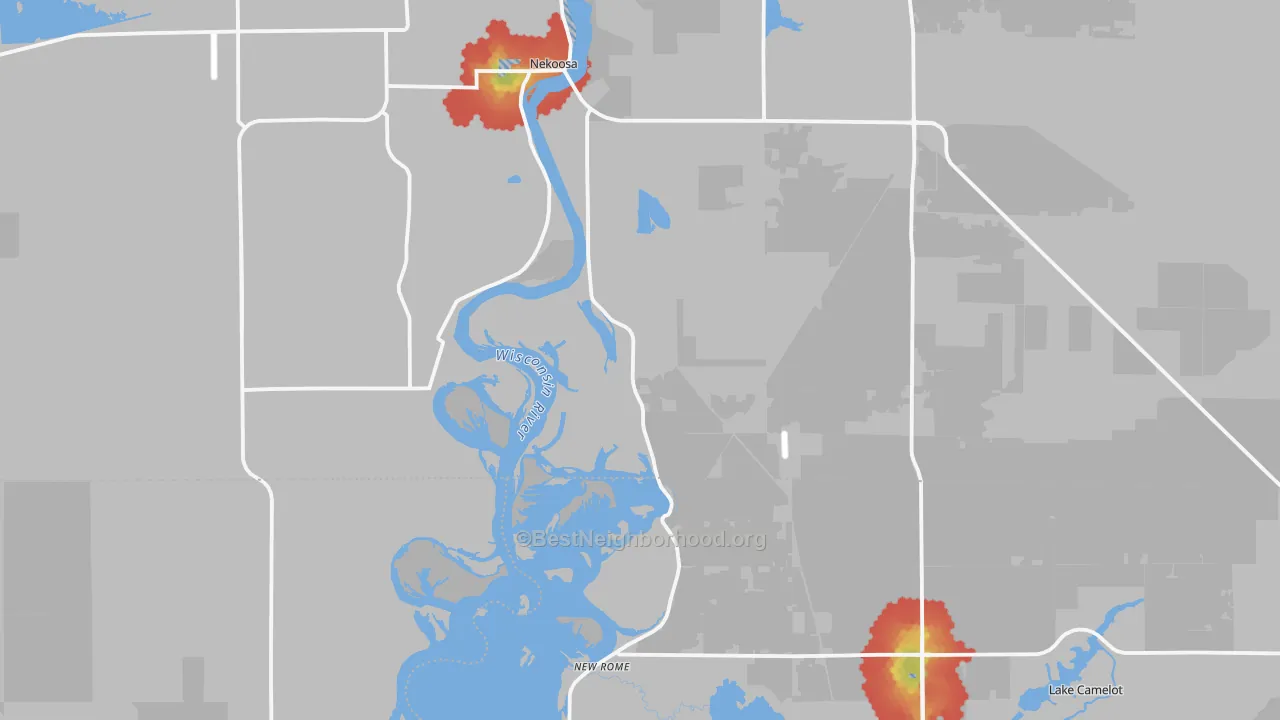 Walk Grade map of Nekoosa, WI, walkable areas in green and car-dependent areas in red