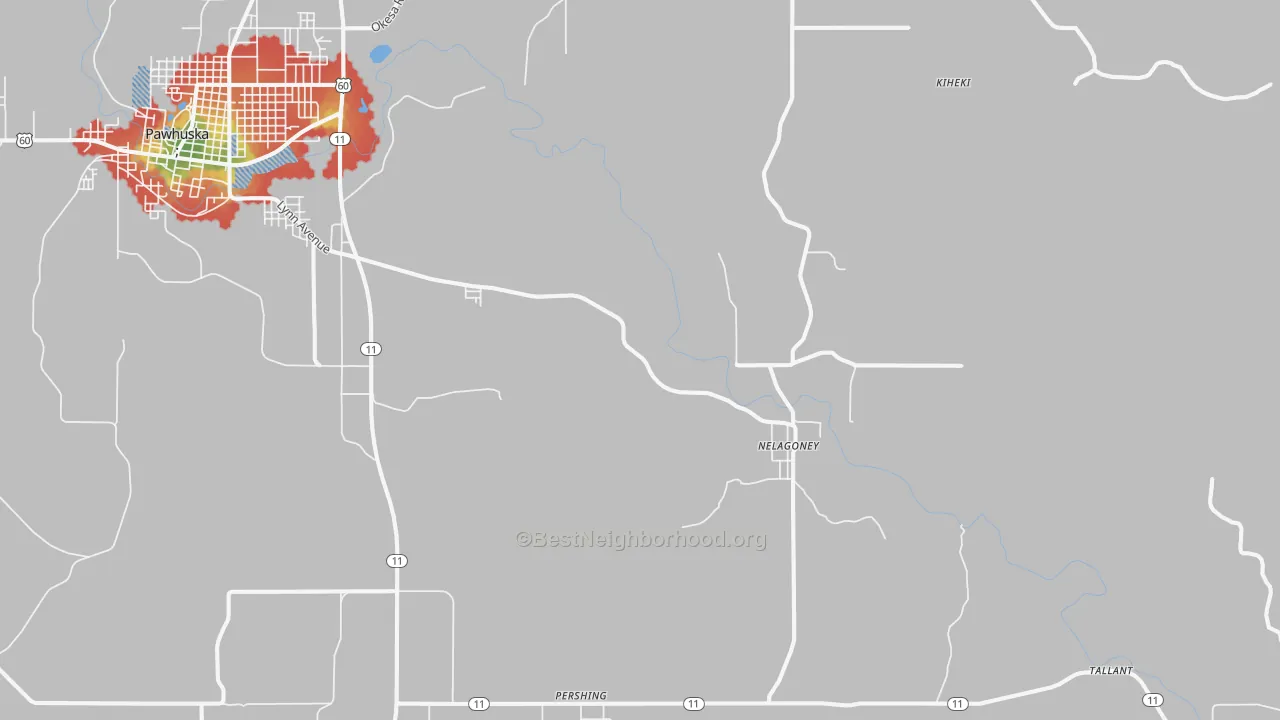 Walk Grade map of Nelagoney, OK, walkable areas in green and car-dependent areas in red