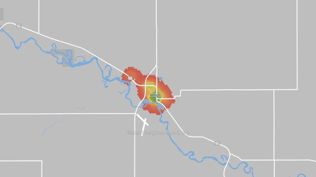 Walk Grade map of Neligh, NE, walkable areas in green and car-dependent areas in red