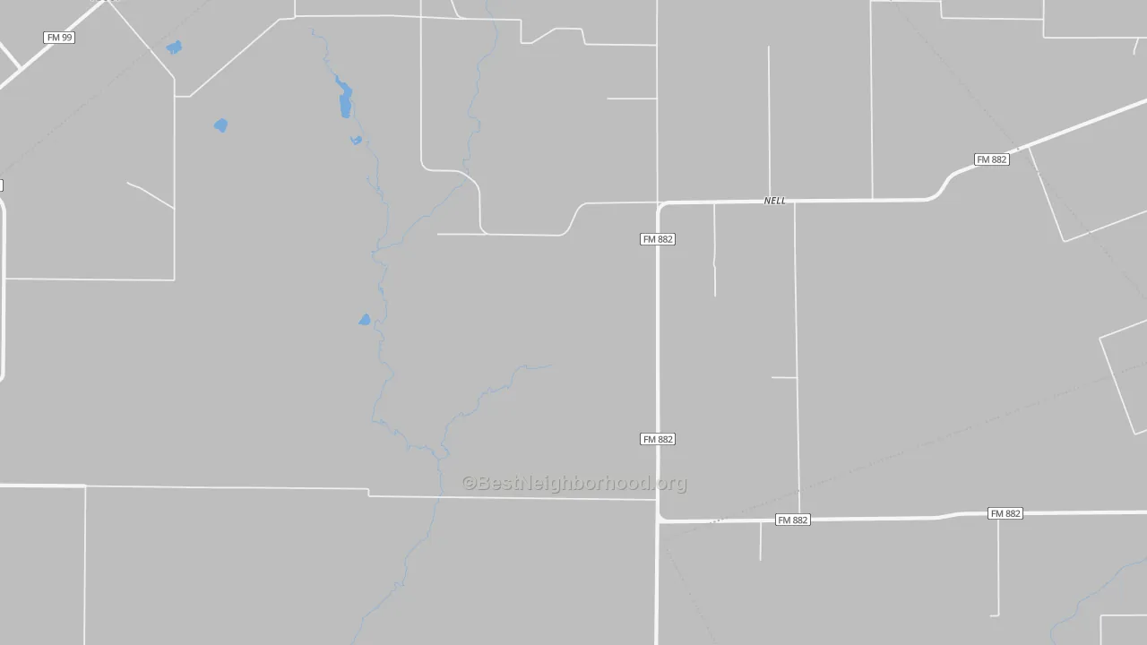 Walk Grade map of Nell, TX, walkable areas in green and car-dependent areas in red