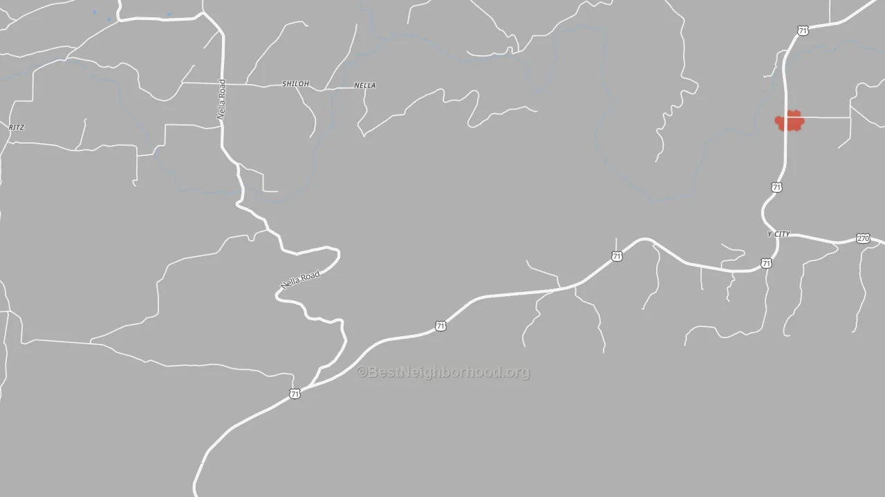 Walk Grade map of Nella, AR, walkable areas in green and car-dependent areas in red