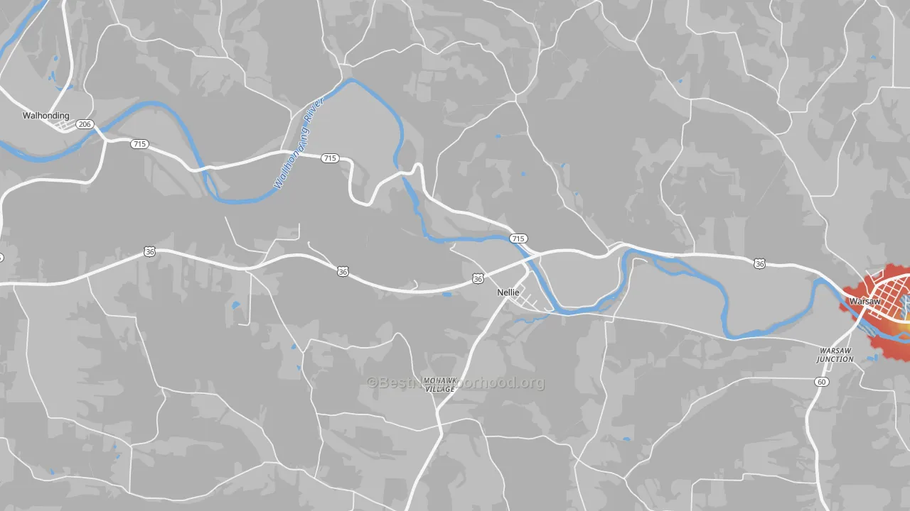 Walk Grade map of Nellie, OH, walkable areas in green and car-dependent areas in red