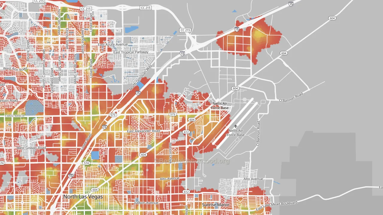 Walk Grade map of Nellis Afb, NV, walkable areas in green and car-dependent areas in red