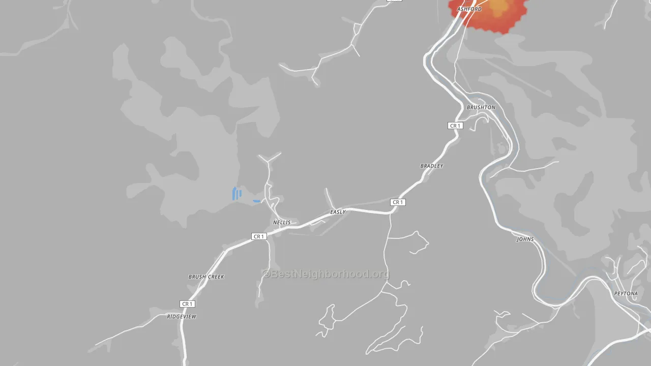 Walk Grade map of Nellis, WV, walkable areas in green and car-dependent areas in red