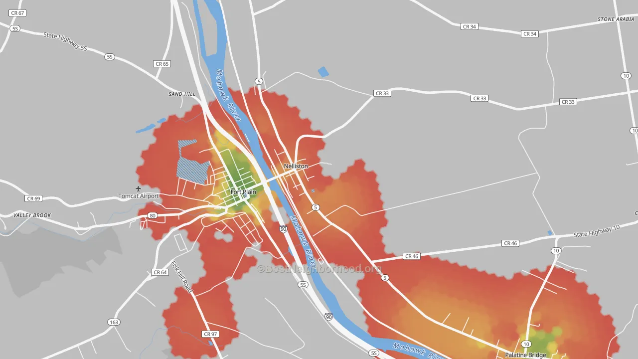 Walk Grade map of Nelliston, NY, walkable areas in green and car-dependent areas in red
