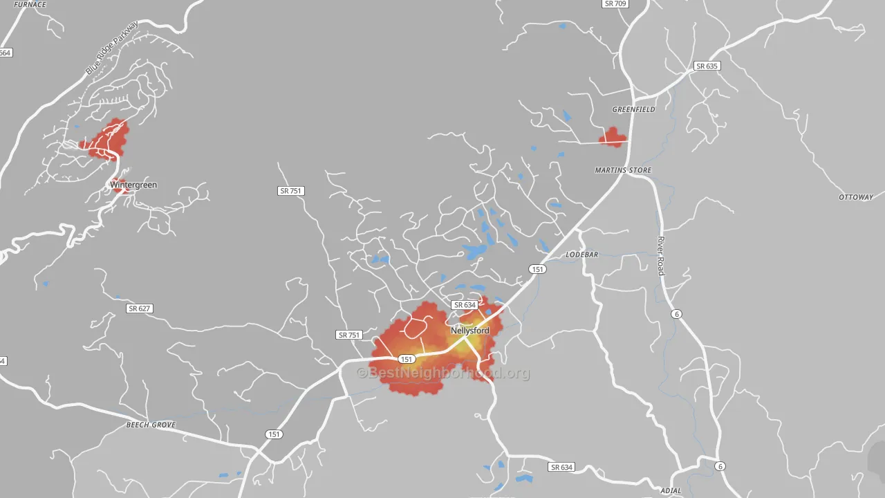 Walk Grade map of Nellysford, VA, walkable areas in green and car-dependent areas in red