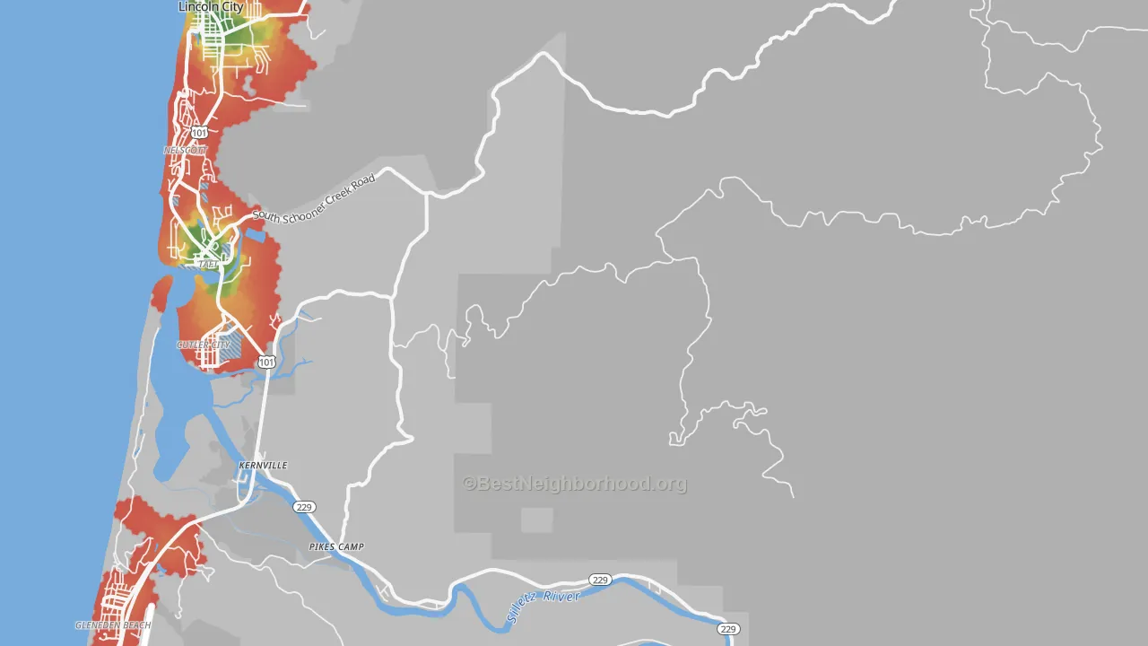 Walk Grade map of Nelscott, OR, walkable areas in green and car-dependent areas in red