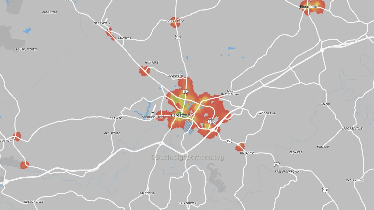 Walk Grade map of Nelson County, KY, walkable areas in green and car-dependent areas in red