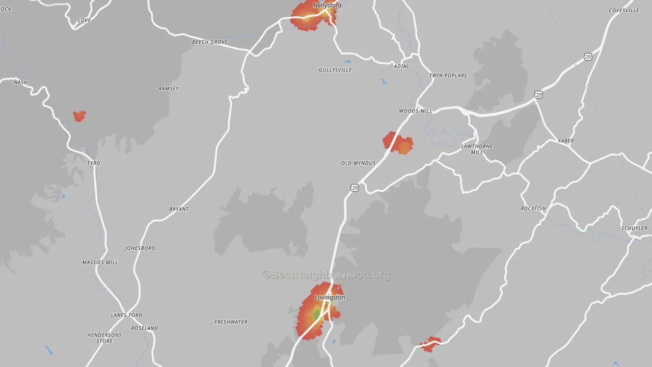 Walk Grade map of Nelson County, VA, walkable areas in green and car-dependent areas in red