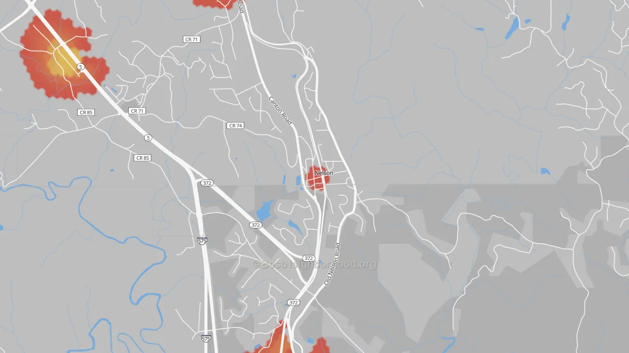 Walk Grade map of Nelson, GA, walkable areas in green and car-dependent areas in red