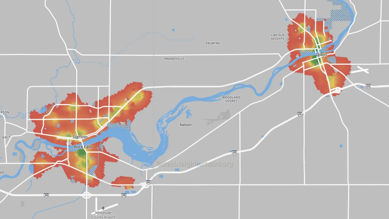 Walk Grade map of Nelson, IL, walkable areas in green and car-dependent areas in red