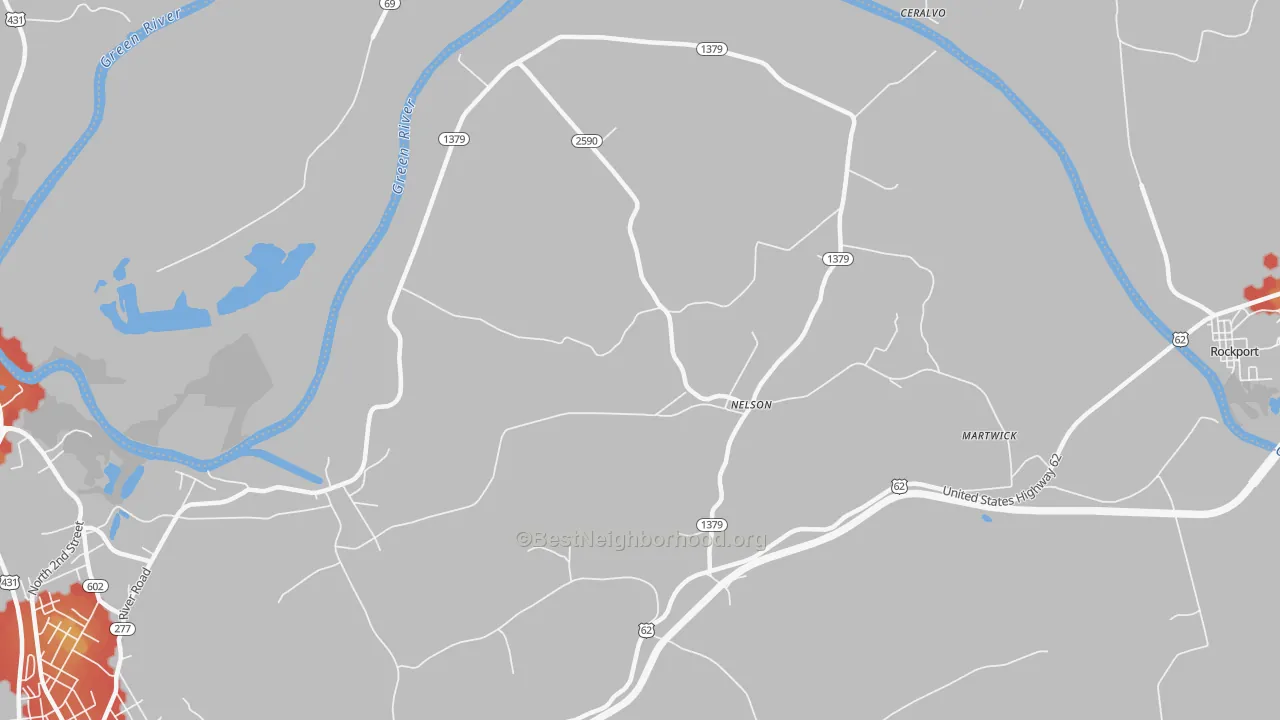 Walk Grade map of Nelson, KY, walkable areas in green and car-dependent areas in red