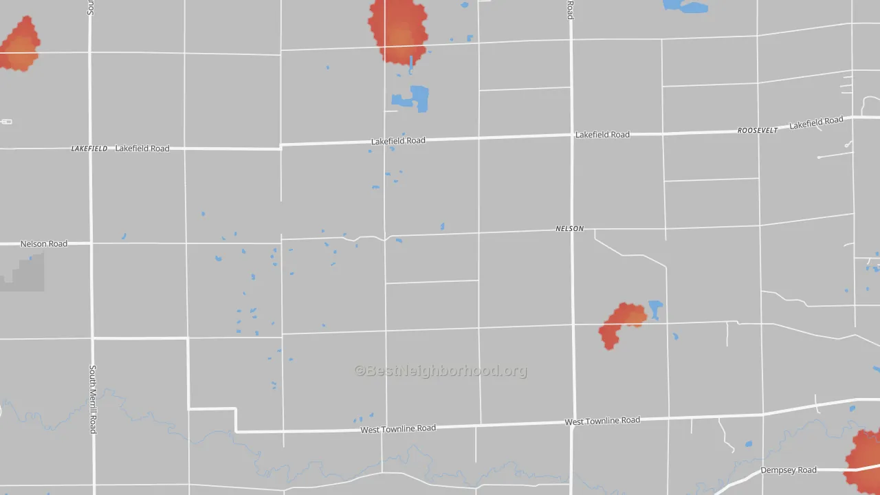 Walk Grade map of Nelson, MI, walkable areas in green and car-dependent areas in red