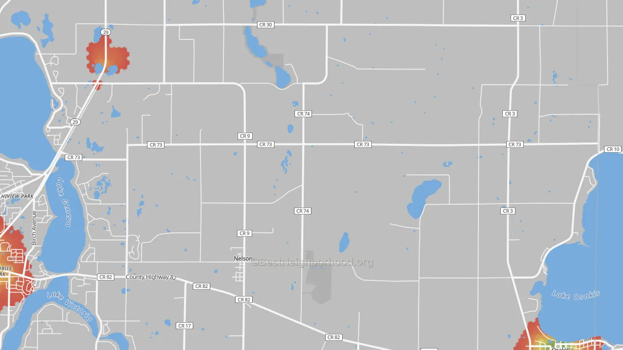 Walk Grade map of Nelson, MN, walkable areas in green and car-dependent areas in red