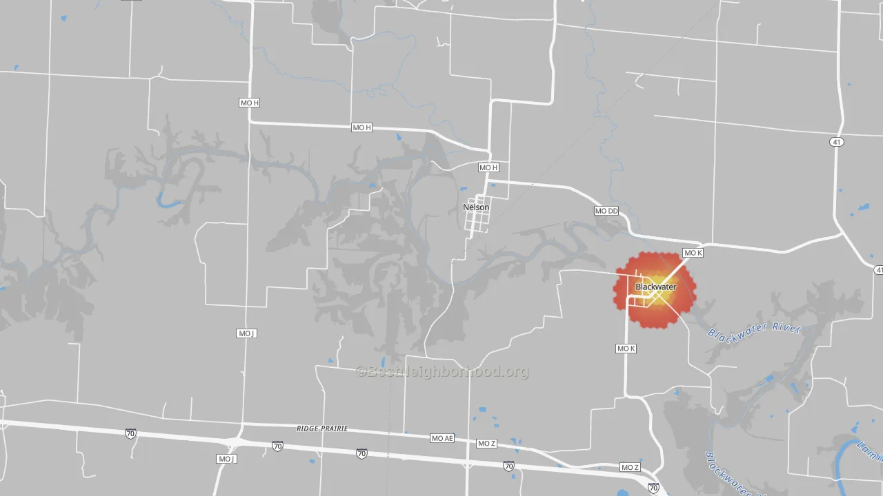 Walk Grade map of Nelson, MO, walkable areas in green and car-dependent areas in red