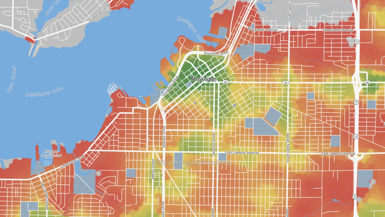 Walk Grade map of Nelson, Muskegon, MI, walkable areas in green and car-dependent areas in red