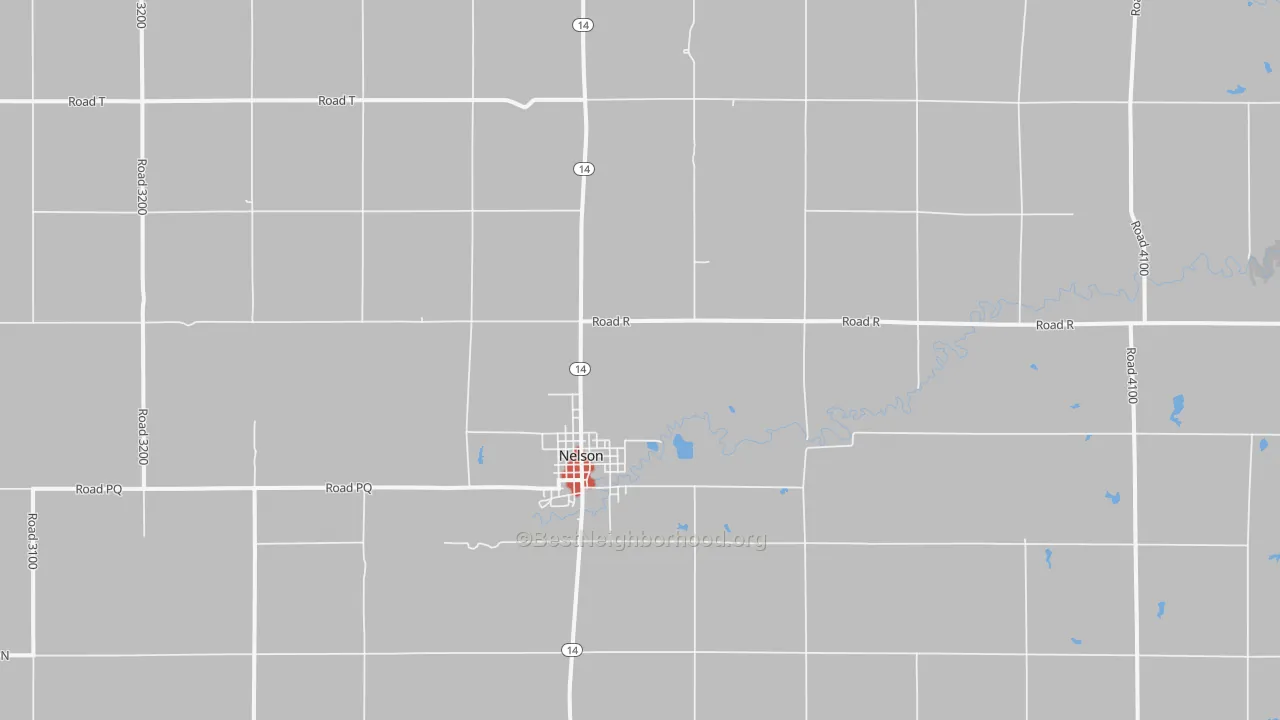 Walk Grade map of Nelson, NE, walkable areas in green and car-dependent areas in red