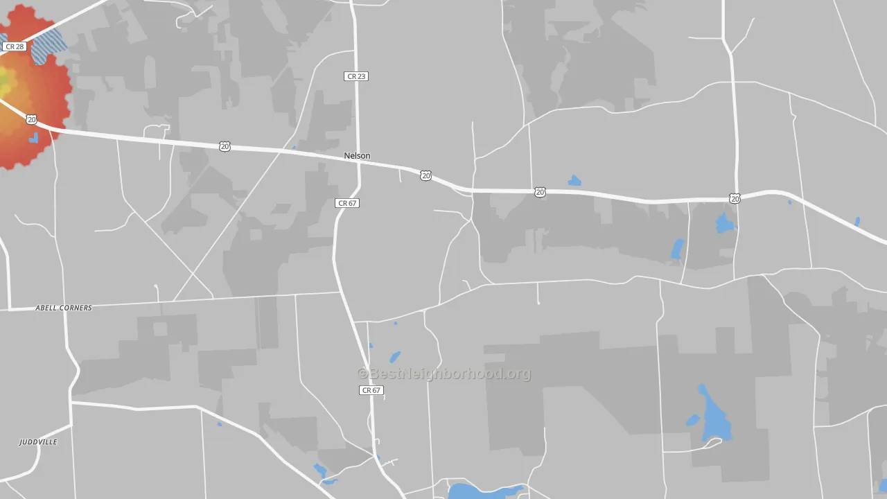 Walk Grade map of Nelson, NY, walkable areas in green and car-dependent areas in red