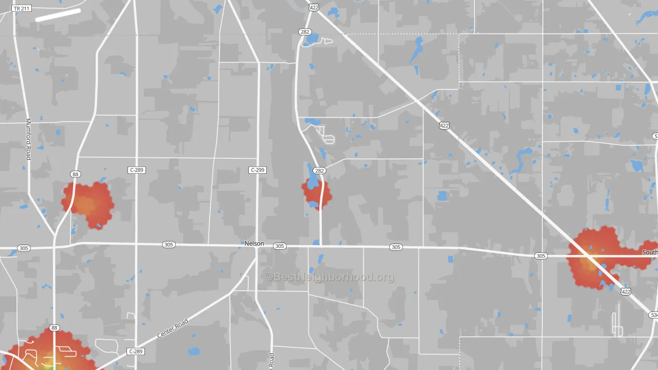 Walk Grade map of Nelson, OH, walkable areas in green and car-dependent areas in red