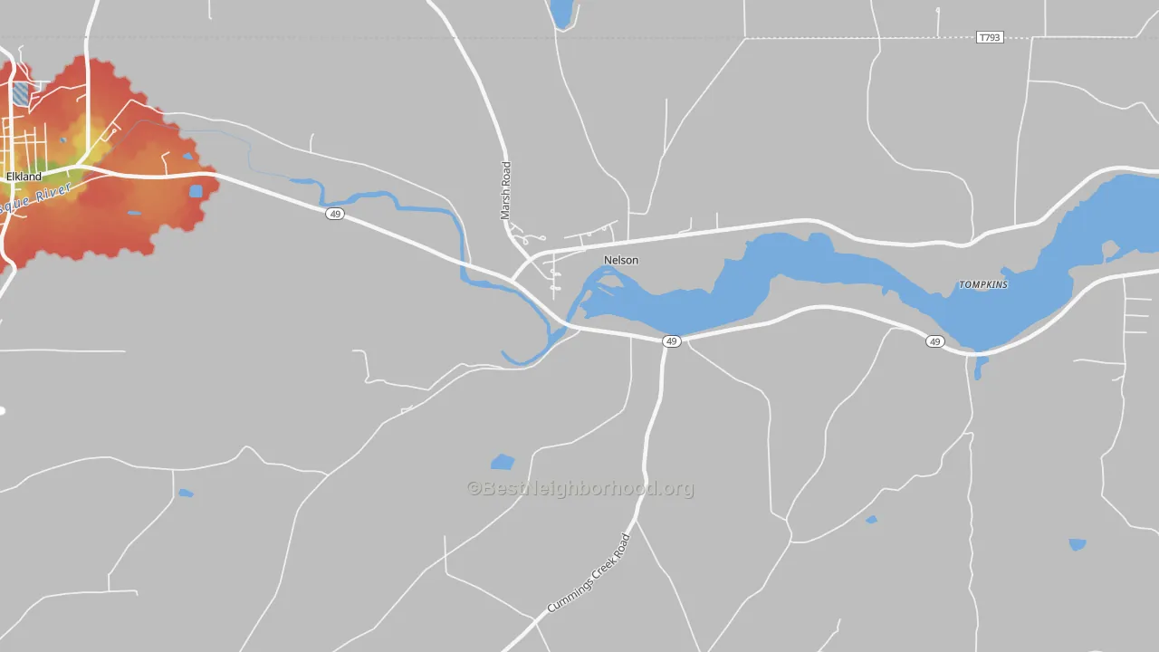 Walk Grade map of Nelson, PA, walkable areas in green and car-dependent areas in red