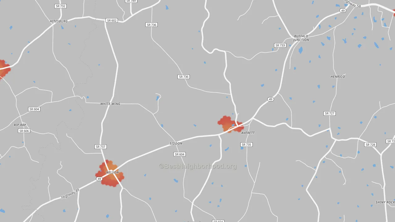 Walk Grade map of Nelson, VA, walkable areas in green and car-dependent areas in red