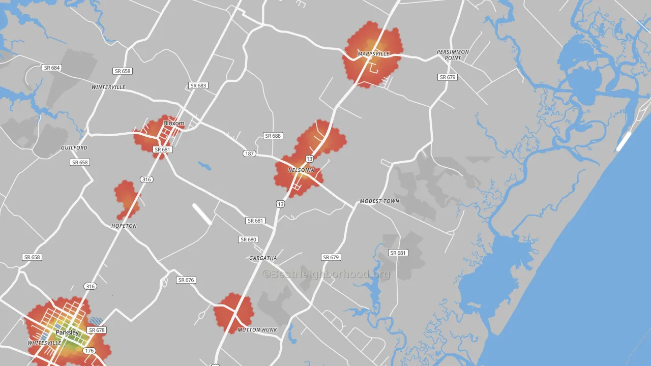 Walk Grade map of Nelsonia, VA, walkable areas in green and car-dependent areas in red