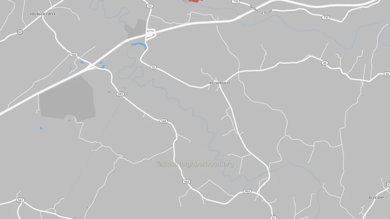 Walk Grade map of Nelsonville, KY, walkable areas in green and car-dependent areas in red