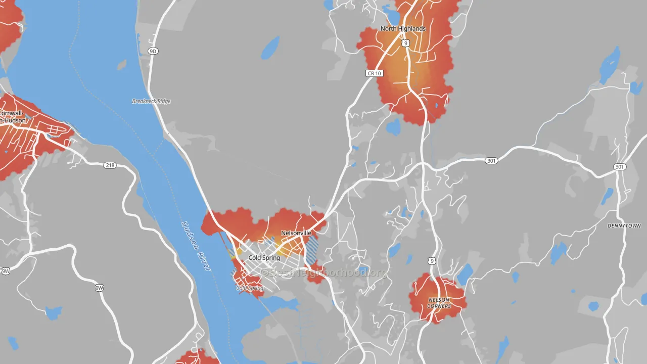 Walk Grade map of Nelsonville, NY, walkable areas in green and car-dependent areas in red