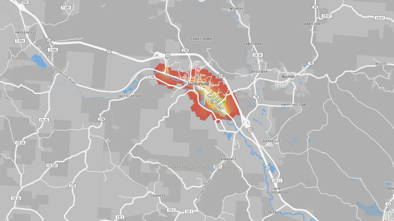 Walk Grade map of Nelsonville, OH, walkable areas in green and car-dependent areas in red