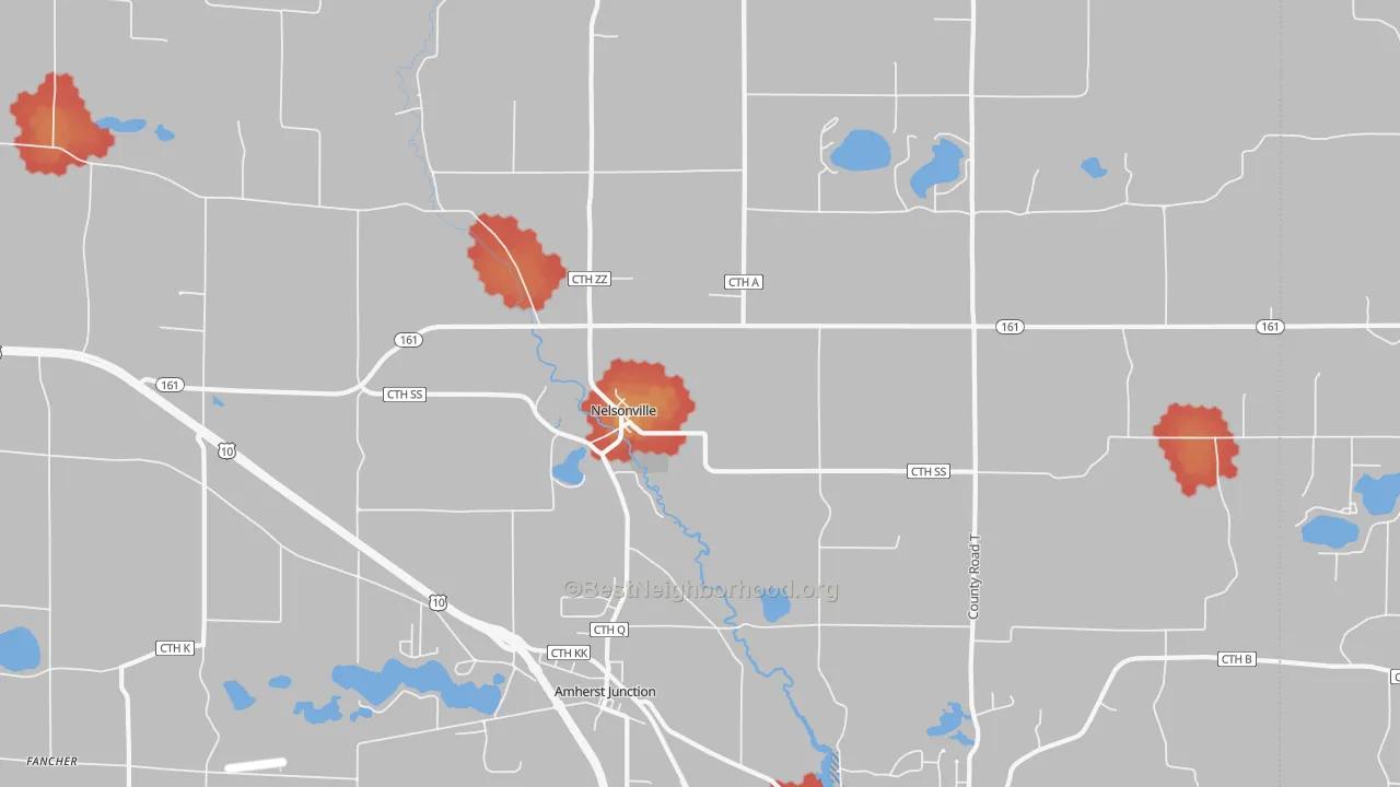 Walk Grade map of Nelsonville, WI, walkable areas in green and car-dependent areas in red