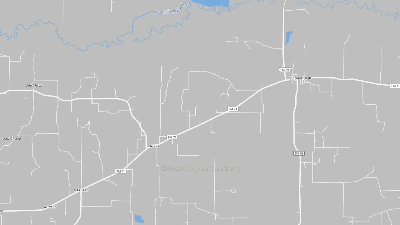 Walk Grade map of Nelta, TX, walkable areas in green and car-dependent areas in red