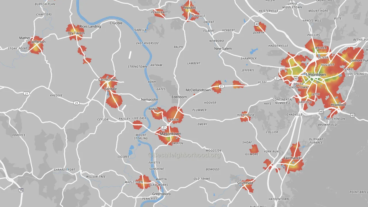 Walk Grade map of Nemacolin, PA, walkable areas in green and car-dependent areas in red