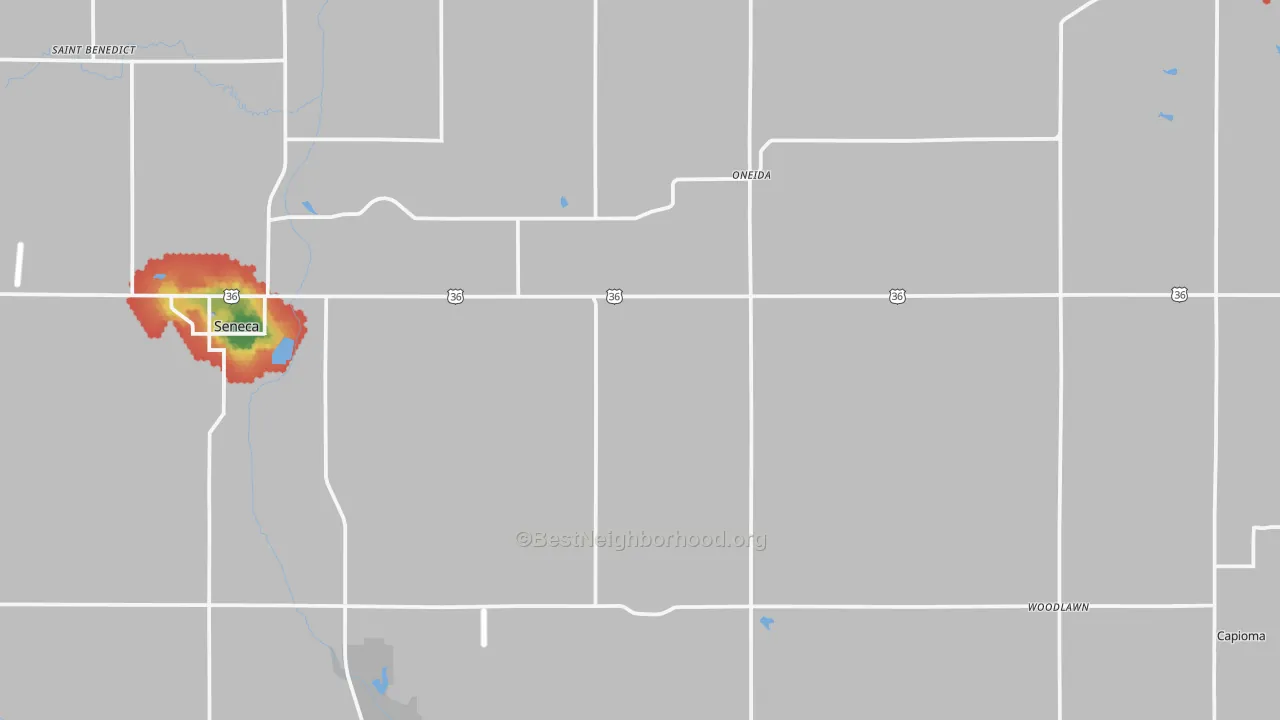 Walk Grade map of Nemaha County, KS, walkable areas in green and car-dependent areas in red