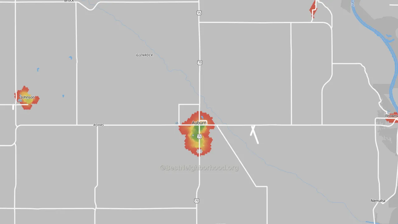 Walk Grade map of Nemaha County, NE, walkable areas in green and car-dependent areas in red