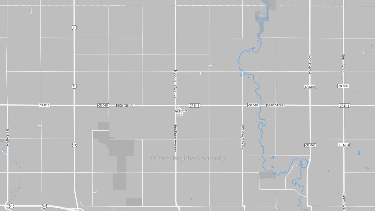 Walk Grade map of Nemaha, IA, walkable areas in green and car-dependent areas in red